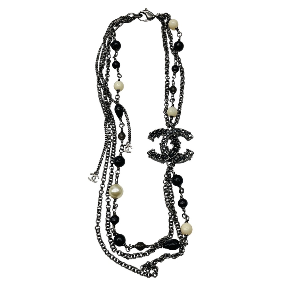 CHANEL 2012 STRASS CC LOGO PENDANT BLACK BEADS AND PEARLS MULTI STRAND CHAIN NEC - Picture 3 of 5